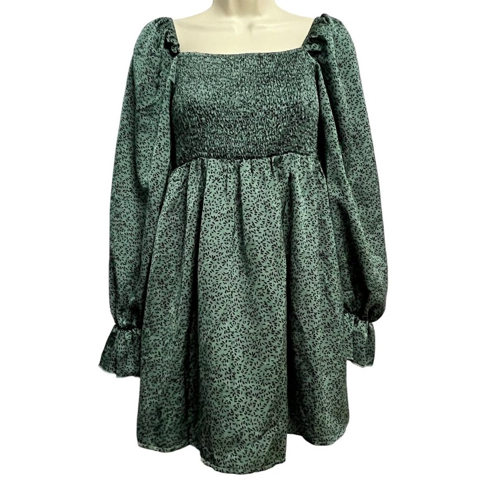 Missguided Mini Dress Size 8‎ Green Smocked Long Puff Sleeve Ruffle Cuff Floral